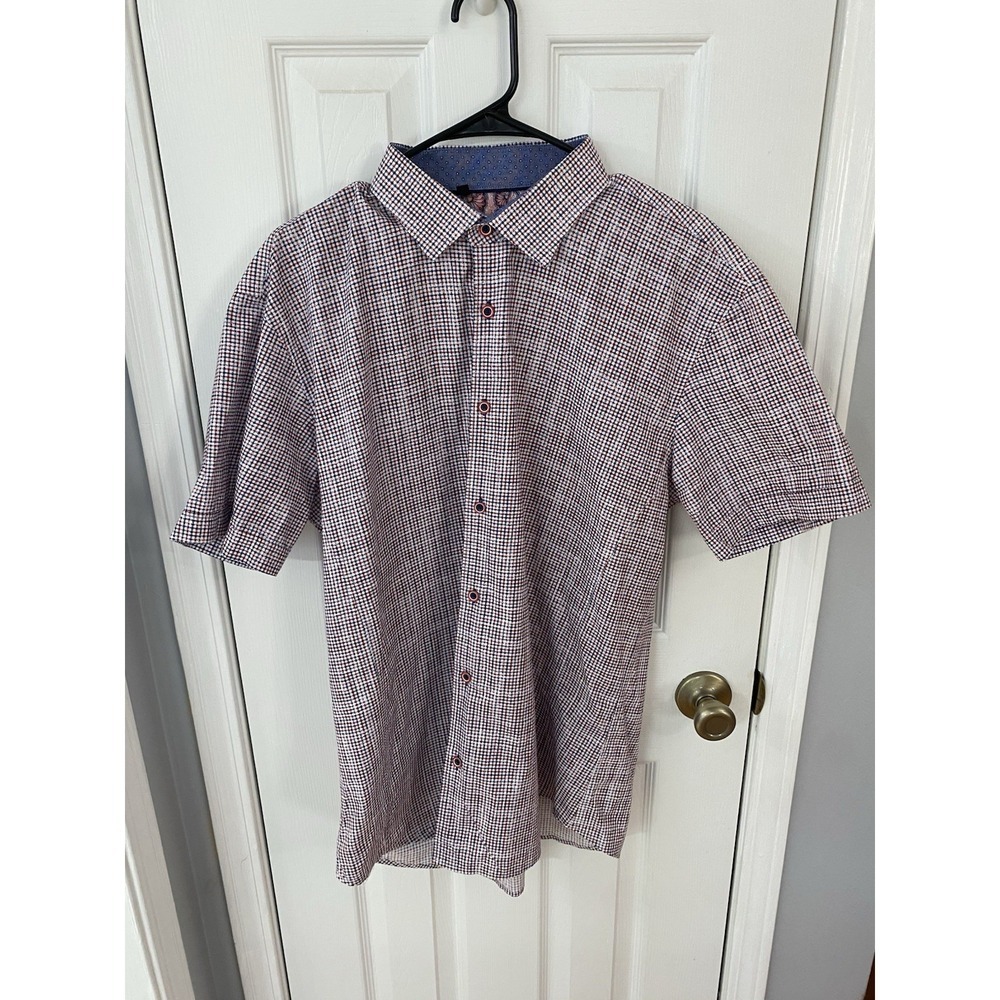Spazio Uomo Button Down Mens XL Red Navy Micro Check Short Sleeve Contrast Shirt